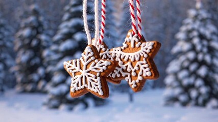 Festive Sweet Treats: Gingerbread Cookies Hanging Over Snowy Winter Background - Powered by Adobe