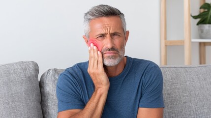Mature man with grey hair touching his cheek, experiencing toothache or jaw pain while sitting on a gray couch.