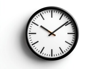 Close-up of a black wall clock against a white background.