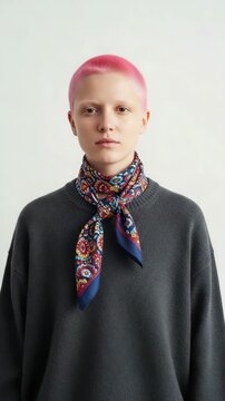 Minimalist portrait of a non-binary individual showcasing colorful accessories in a chic backdrop