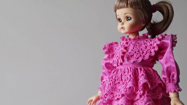 Plaything adorned in rosy attire positioned against plain backdrop