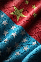 Conflict between United States and China. Textured fabric of two flags, one red with stars and one blue with stars, symbolizing unity and diversity in global relations and cultures