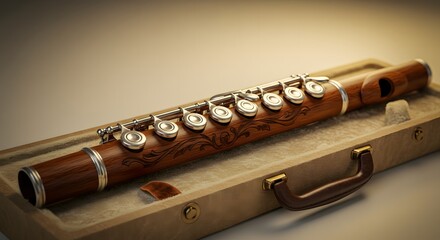 Naklejka premium Elegant Wooden Flute with Silver Keys Resting in its Protective Case a Beautiful Musical Instrument for Melodic Performances and Artistic Expression