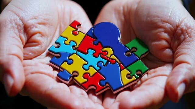Autism Awareness Concept with Hands Holding Jigsaw Puzzle Piece Shaped Like Head
