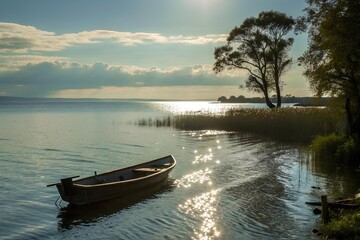 Sunlight on water, a small boat slowly drifting away from the shore