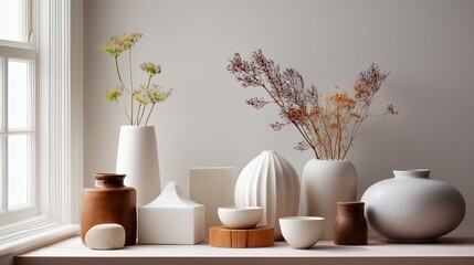 Stylish display of minimalist vases and dried flowers arranged on a wooden shelf in a bright room
