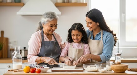Grandmother, mother and daughter cooking together in bright modern kitchen. Three generations bonding while making dough, sharing family recipes and creating memories.