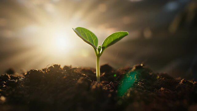 Motion timelapse video of a small green plant growing in the ground as it is illuminated by streams of sunrise.