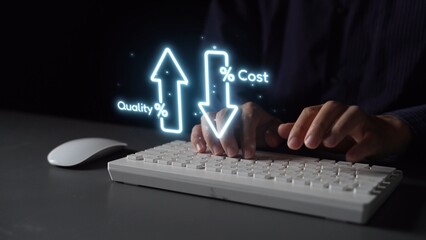 Business concept showing cost reduction and quality increase using Lean, Six Sigma, and Total...