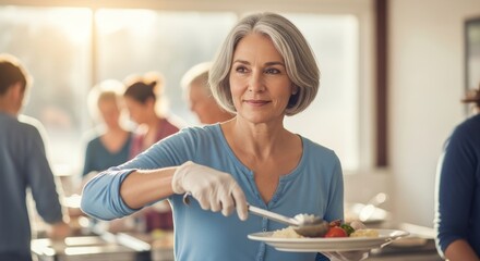 Warm image of a senior woman serving a plate of food at a community event. Perfect for hospitality, volunteering, and senior lifestyle.