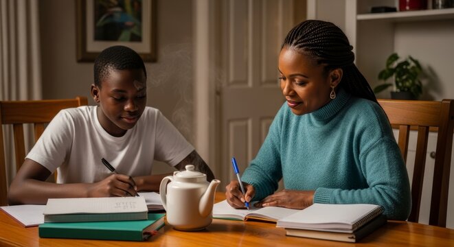 African American mother helping teenage son with homework at kitchen table. Homeschooling, education support, family bonding moment in cozy home interior.