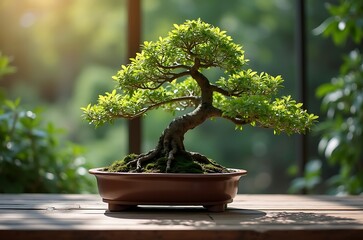 Tranquil Japanese Bonsai Tree in Brown Pot Serene Decor ai generated