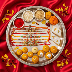 top view of decorated raksha bandhan thali with rakhis sweets and roli chawal on rich fabric background