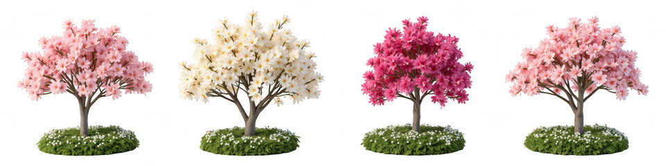Beautiful flowering trees with pink, white, and magenta blossoms, surrounded by green grass and small white flowers, create serene landscape