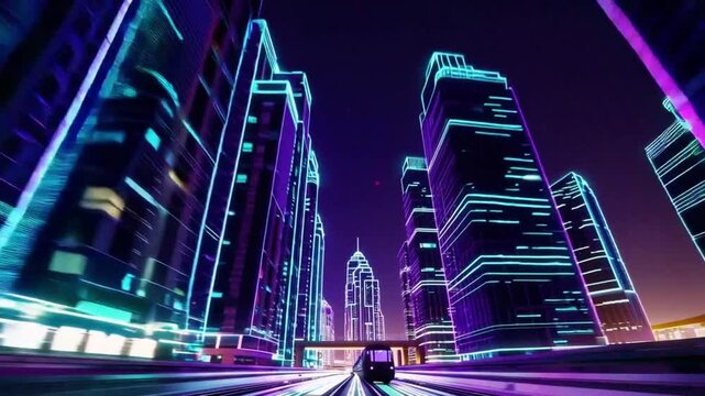 Stylized cyberpunk-inspired timelapse of Dubai Metro ride at night, where neon lights and glass towers form a digital tunnel through the desert metropolis.