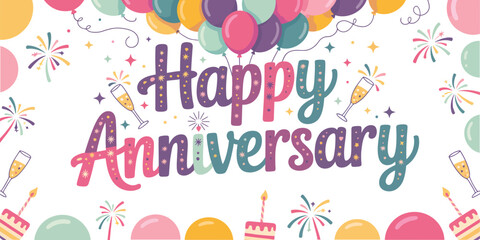 Happy Anniversary Greeting with Colorful Balloons, Champagne Glasses, Cakes, and Fireworks – Joyful Celebration Party Design