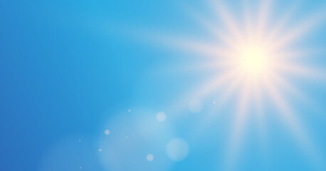 Realistic Bright Sun against clear Blue Sky. Summer Sunny Sky. Sunlight with Reflections. Blue Sky Background. Spring landscape. Vector illustration