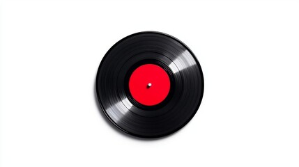 A vintage vinyl record with a red label resting against a clean white background, symbolizing retro music culture.