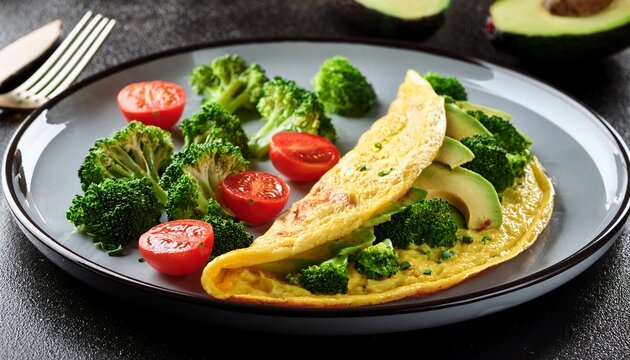 delicious omelette with avocado tomatoes and broccoli