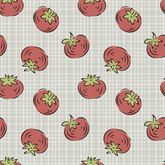 Vector playful red hand-drawn tomato seamless pattern background. Retro painterly tomatoes on linen look backdrop. Vintage kitchen look.Retro rustic charm for country cafe, restaurant, farmers market