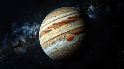 The planet Jupiter in outer space among the stardust. World Astronomy Day.
