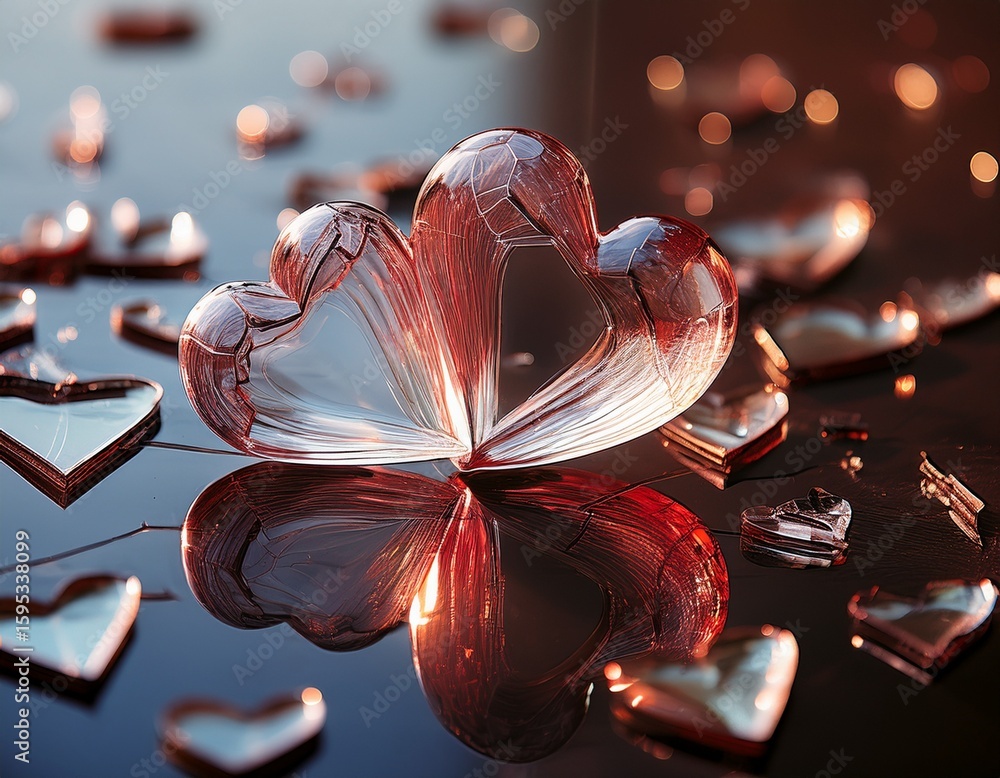 Poster a shattered glass heart lies on a surface capturing light and creating reflections the fractured pie