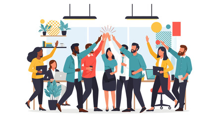 Team Celebration Diverse professionals uniting in a cheerful high-five, embodying success and teamwork in a modern office.
