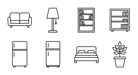 Outline Vector Icon Set of Home Essentials: Sofa, Lamp, Bookshelf, Fridge, Bed, and Potted Plant on White Background

