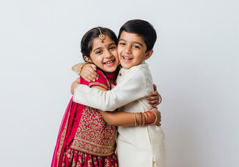 Indian brother and sister hugging after rakhi celebration isolated on white