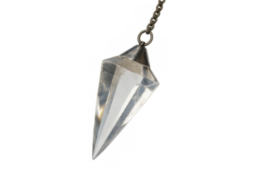 Crystal pendulum swinging from metallic chain, symbolizing spiritual divination against transparent backdrop