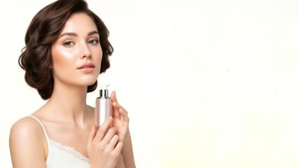 Elegant woman with perfect glowing skin holding a beauty product bottle
