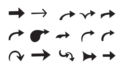 Diverse Collection of Black Arrow Illustrations Pointing in Various Directions Representing Movement, Navigation, and Choices on a White Background