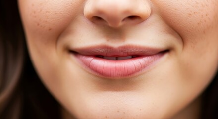 Obraz premium Close-up of a woman's face showcasing a natural smile and soft skin texture with subtle freckles,