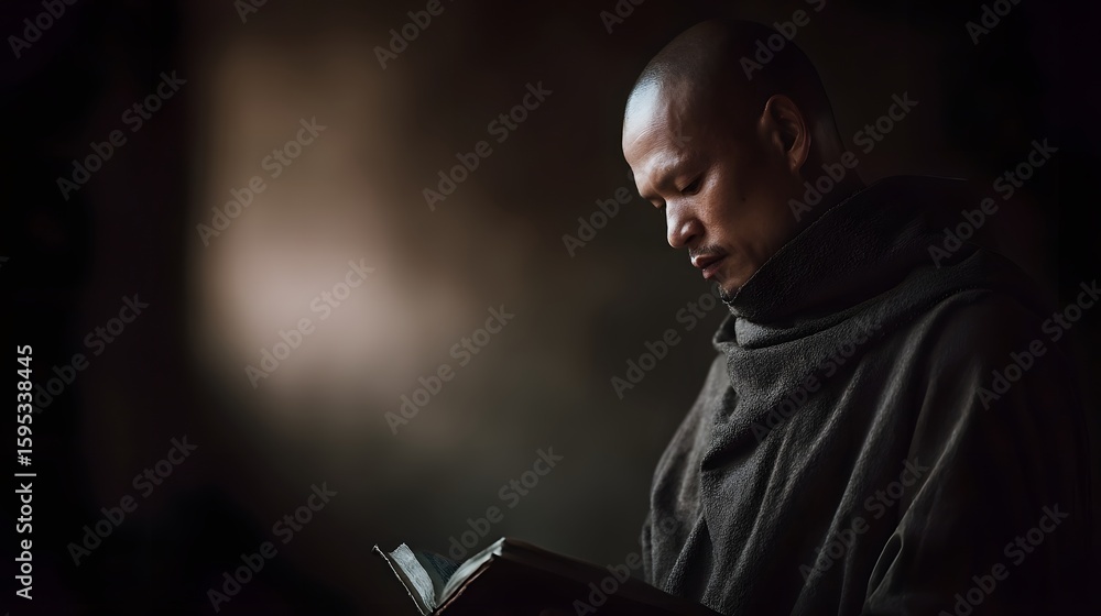 Poster monk reading ancient scripture in a monastery bathed in serene lighting