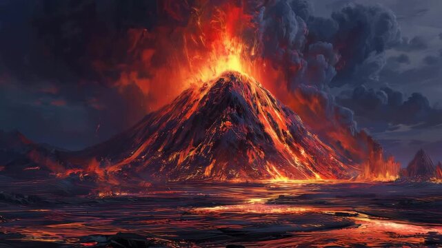 火山が激烈な噴火で炎と岩石を噴き上げる壮観風景画