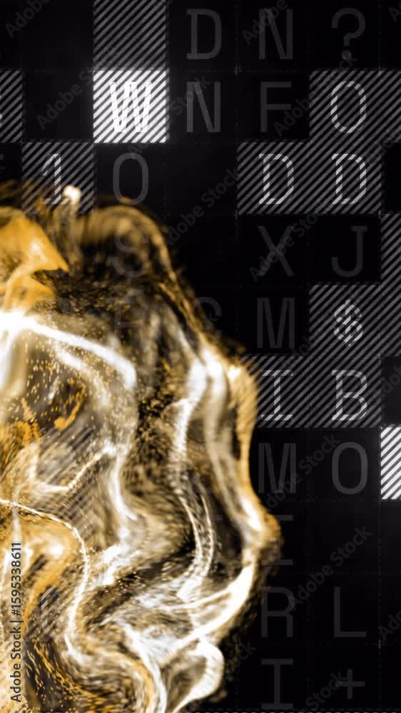Poster golden fluid motion animation over black background with alphanumeric characters