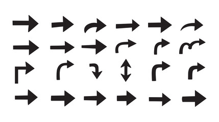 Collection of Black Arrow Illustrations Pointing in Various Directions Indicating Movement and Navigation with Unique Designs for Different Purposes