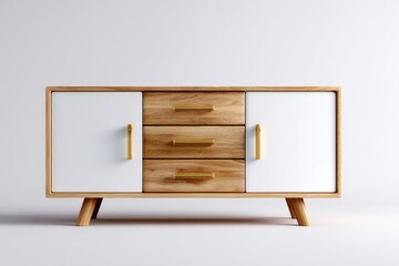 Mid-century modern wooden sideboard with white panels.