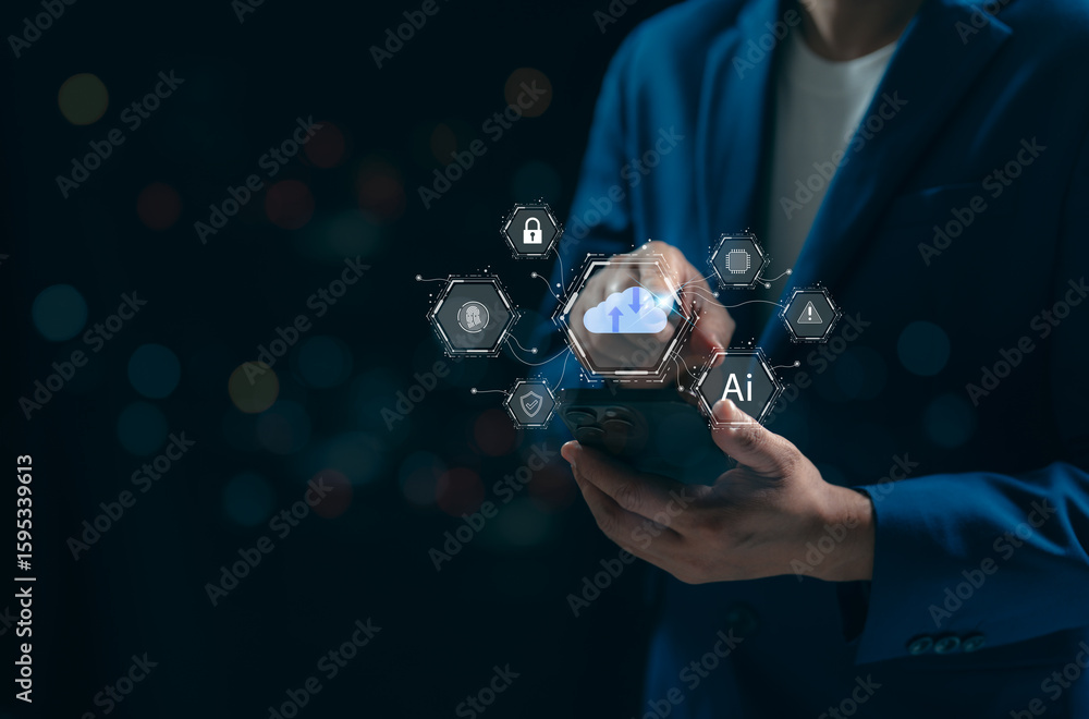 Poster businessman tools uses ai technology analyzing financial data stock market. ai learning and business