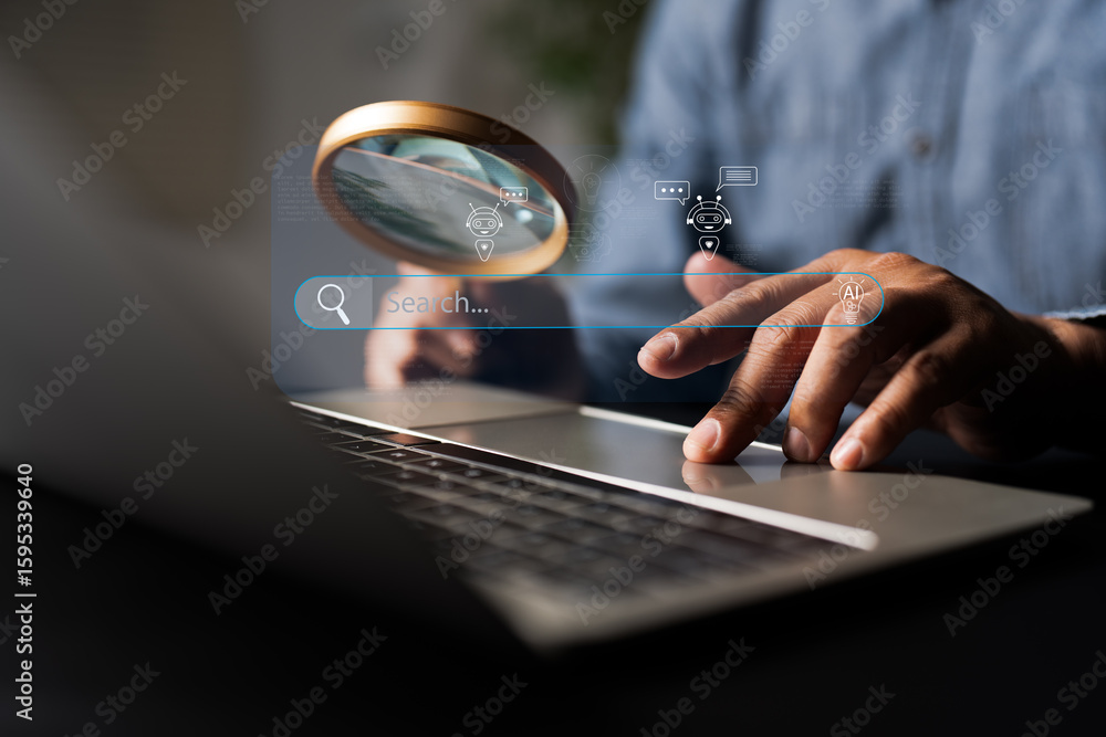 Poster a businessman uses tools search for information, ai assistant represent smart technology, artificial