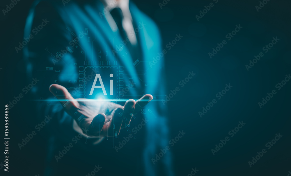Poster businessman showing ai technology analyzing financial data stock market. document data management on