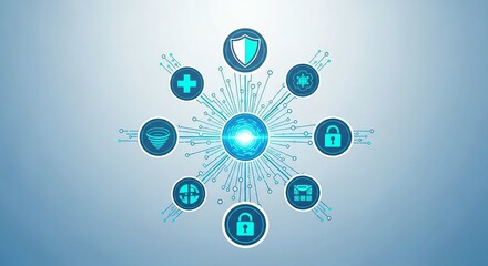 A futuristic digital illustration of a cybersecurity network with a glowing central orb and icons representing security features like shields, locks, and gears, connected by radiating lines on a blue 