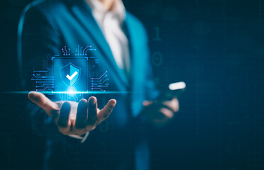 Businessman hand showing cyber security internet network data privacy concepts. secure access to...