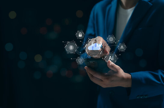 Businessman tools uses AI technology analyzing financial data stock market. AI learning and business artificial intelligence. Document data management on network, cybersecurity, digital transformation