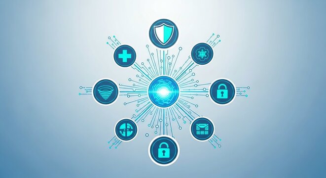 A futuristic digital illustration of a cybersecurity network with a glowing central orb and icons representing security features like shields, locks, and gears, connected by radiating lines on a blue 