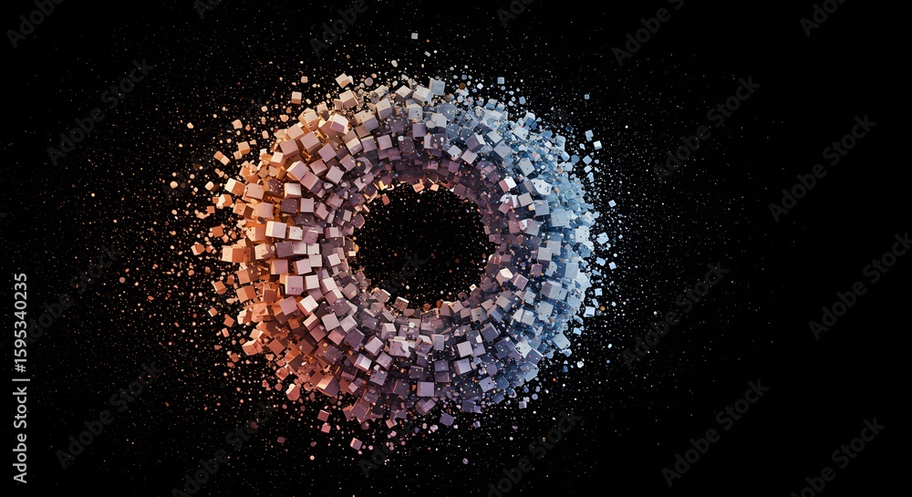 Poster abstract donut shape composed of small cubes with a gradient of orange to blue against a dark backgr
