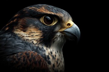Fototapeta premium Majestic Falcon Portrait Against Dark Canvas: Nature's Fierce Aviator with Striking Features