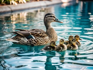 A mother mallard duck swims with her fluffy ducklings in the clear blue water of a tranquil pond