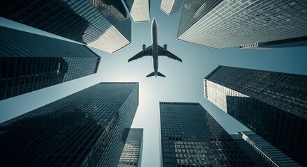 A stunning urban scene featuring modern glass skyscrapers under a clear blue sky, with a commercial airplane flying low between the buildings
