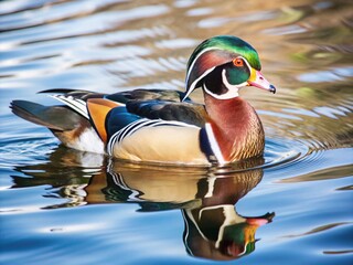 A stunningly colorful male wood duck with iridescent green and purple head swims gracefully on calm blue water